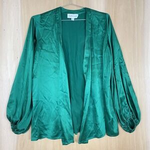 Caitlin Crisp Jacket Womens 8 Green 100% Silk Open Front Balloon Sleeve Cardigan